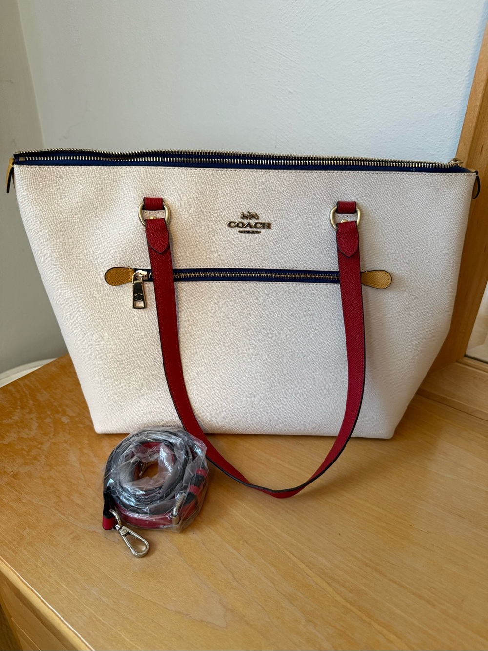 Large Coach White Pebbled Leather Tote with Red Straps